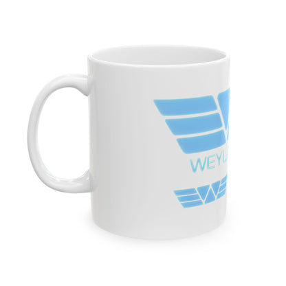 Weyland Corp Logo Ceramic Mug in luxurious white featuring the iconic Alien retro design, perfect for discerning fans and collectors.