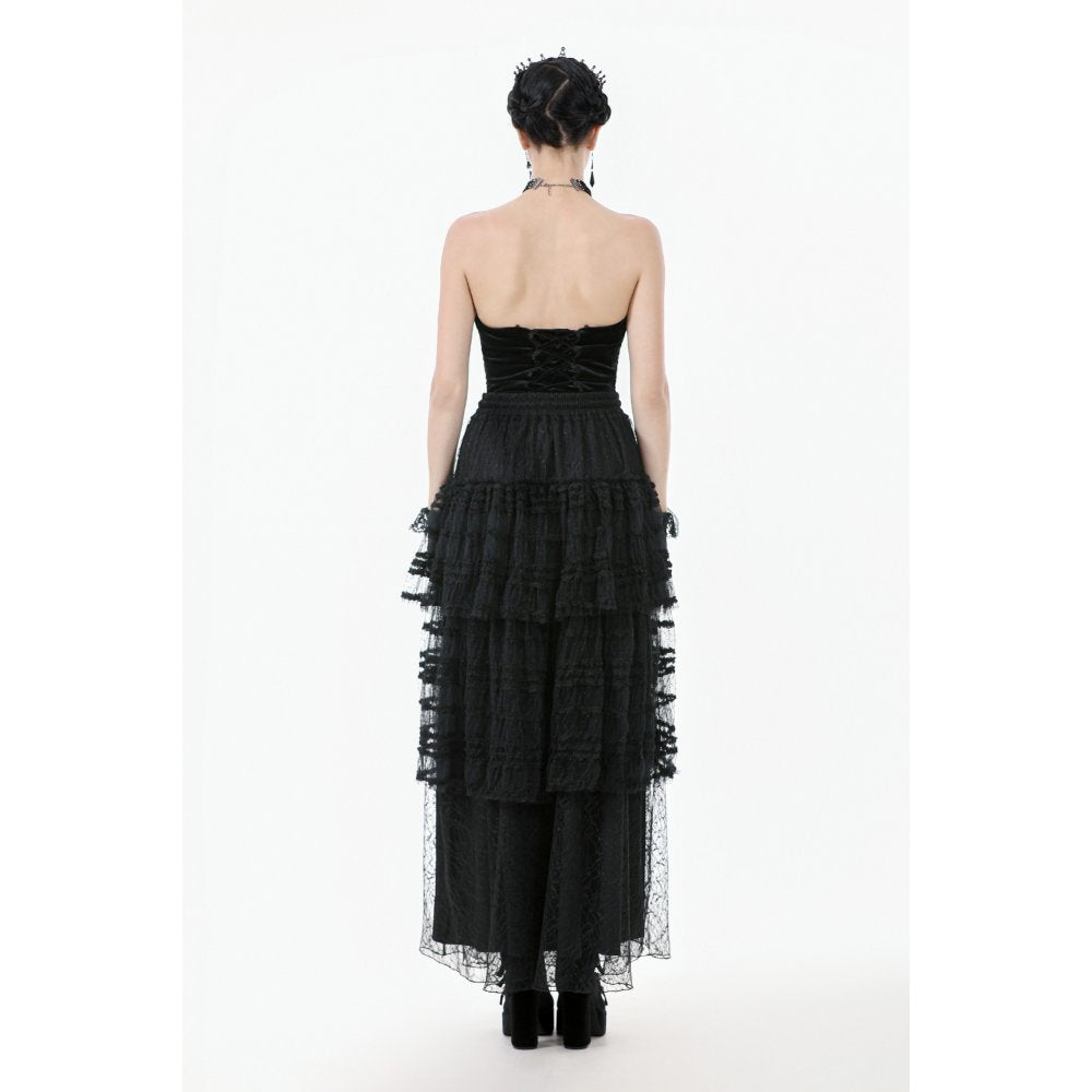 Dramatic flow of the Morticia Velvet & Lace Skirt, featuring a tiered silhouette that enhances movement and adds a gothic touch to any outfit.