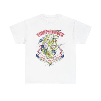 Luxury Native American Heritage men's graphic t-shirt featuring an intricate wolf headdress design. The shirt showcases vibrant colour contrasts with a white background, accentuating the bold artistry and cultural elements, such as feathers and the year '1855', symbolising strength and heritage.