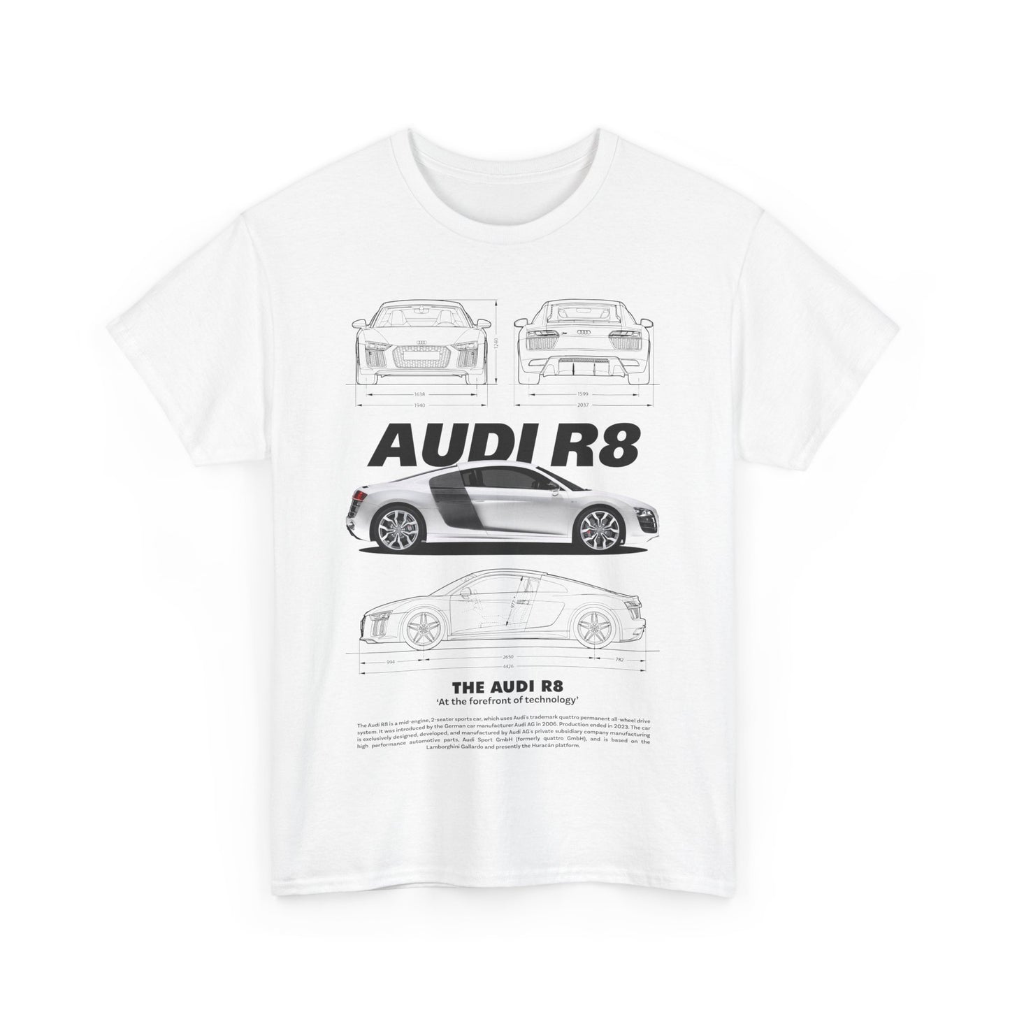 Sophisticated white t-shirt featuring a striking Audi R8 design with illustrative details and performance highlights, tailored for car aficionados.