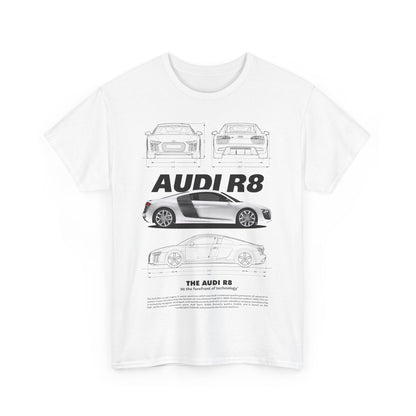 Sophisticated white t-shirt featuring a striking Audi R8 design with illustrative details and performance highlights, tailored for car aficionados.