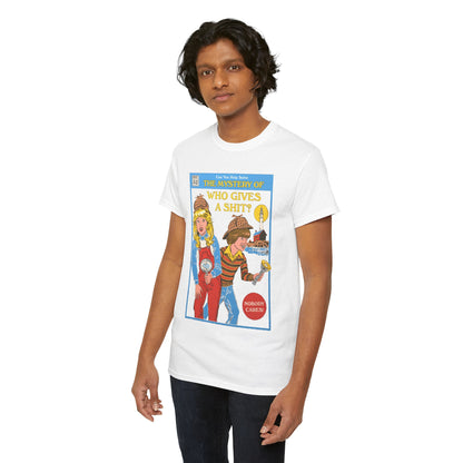 Fashionable individual in a unisex t-shirt elegantly displaying the unique design of 'The Mystery of Who Gives a Shit?', featuring vibrant characters and humorous artwork.