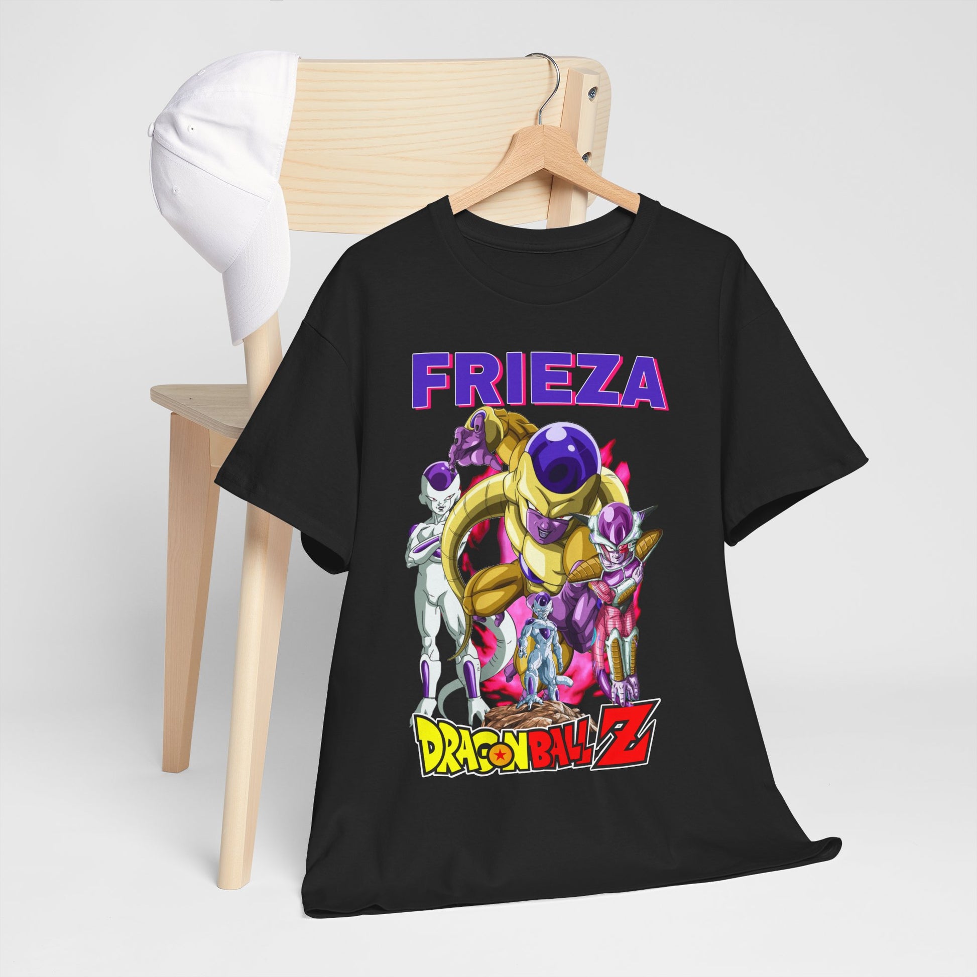 Stylish arrangement of the Dragon Ball Z Frieza T-Shirt draped on a chair, accentuating its bold graphic and luxurious feel, perfect for any anime collector.