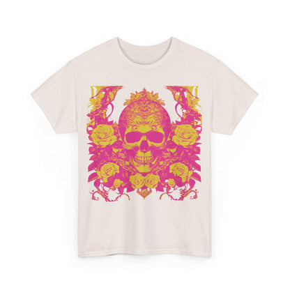 Front design of the Skulls and Roses Cotton Tee featuring a vibrant steampunk skull and roses graphic, perfect for making a style statement.