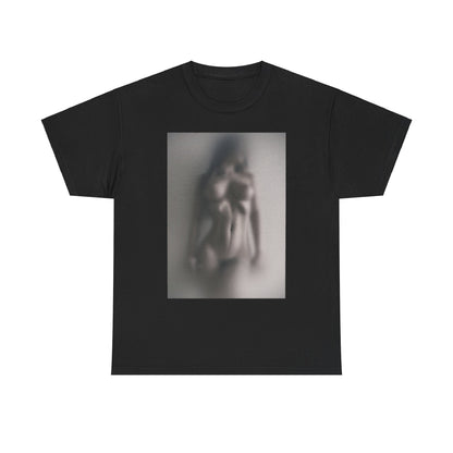 Stylish black t-shirt adorned with an artistic blurred image of a female silhouette, a sophisticated choice for unique self-expression.
