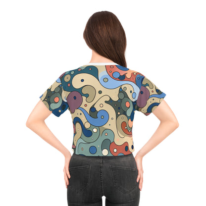 Vivienne Clairmont Stylish Crop Top by Dazzling Dreams Studio featuring a modern blob pattern on silky soft polyester, perfect for summer 2024 fashion.