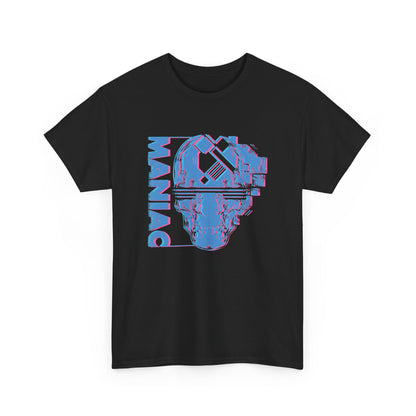 Men's luxury black t-shirt featuring a vibrant 3D skull graphic design with 'MANIAC' typography, a bold statement piece for confident wearers.