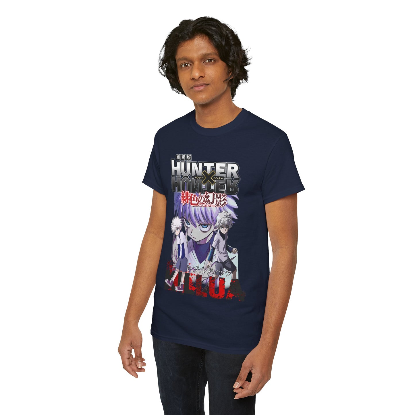 Stylish young man sporting a navy blue Hunter x Hunter t-shirt with striking artwork of Killua, perfectly blending comfort and anime passion.