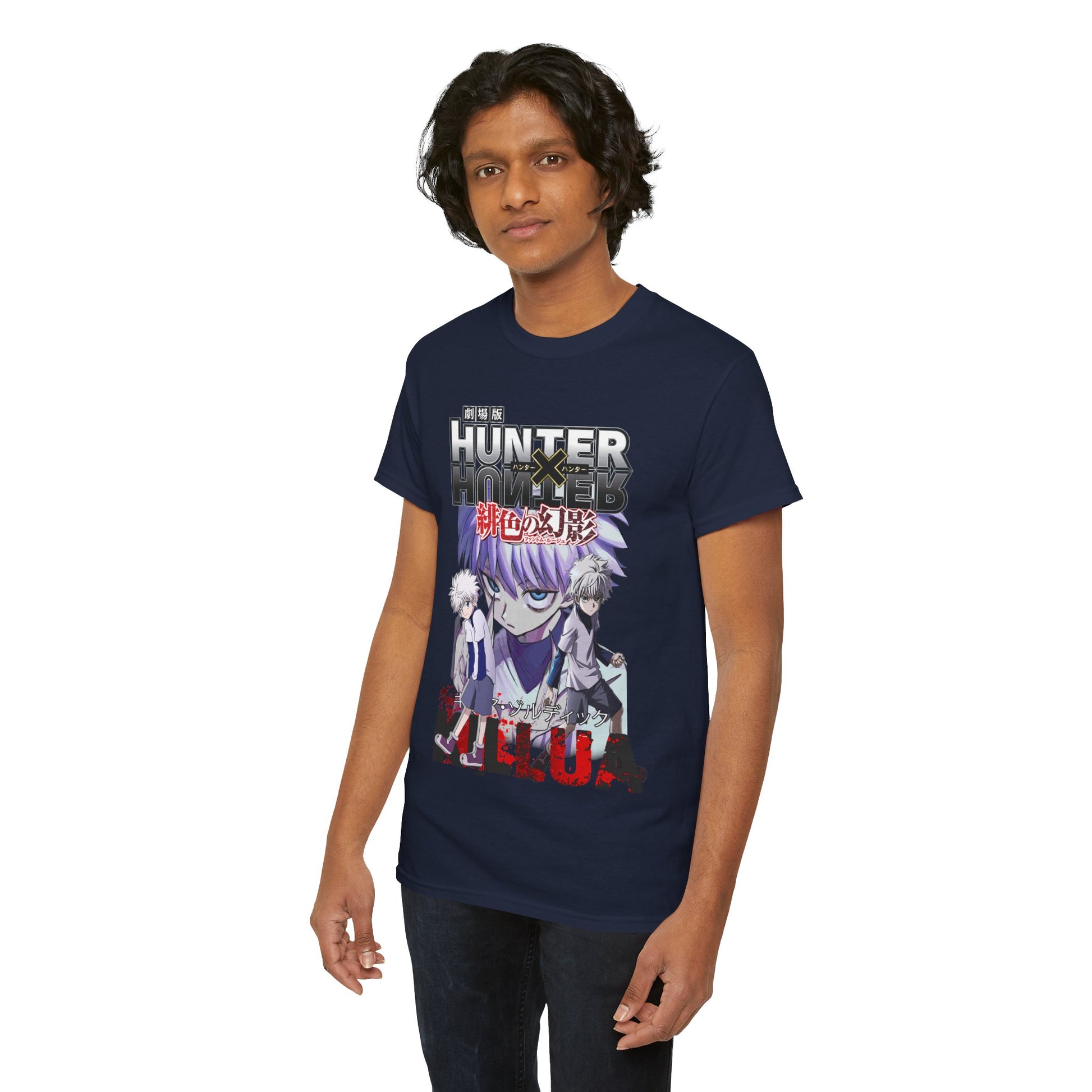 Stylish young man sporting a navy blue Hunter x Hunter t-shirt with striking artwork of Killua, perfectly blending comfort and anime passion.