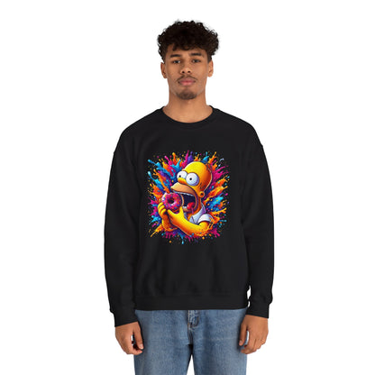 A stylish male model presenting a black sweatshirt featuring Homer Simpson in a playful and colourful design, titled 'Simpsons Homer Donut Unisex Sweatshirt Urban Homer’s Hungry Delight'.