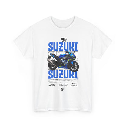 Luxurious white men's fitted t-shirt displaying the Suzuki GSX-R1000 design, merging fashion with passion for high-performance motorbikes.
