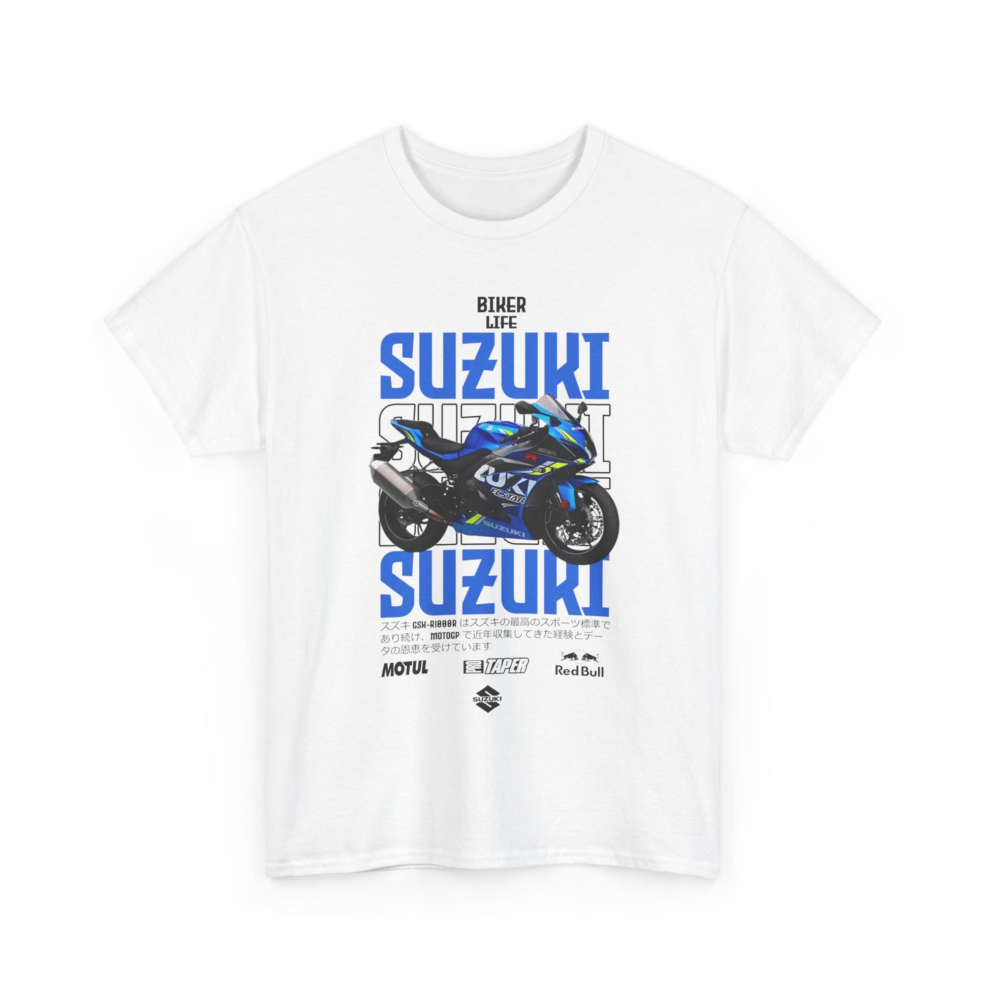 Chic white men's T-shirt featuring a striking graphic of the Suzuki GSX-R1000 motorcycle, paired with the bold typography of 'BIKER LIFE,' exuding style and passion for motorbiking.