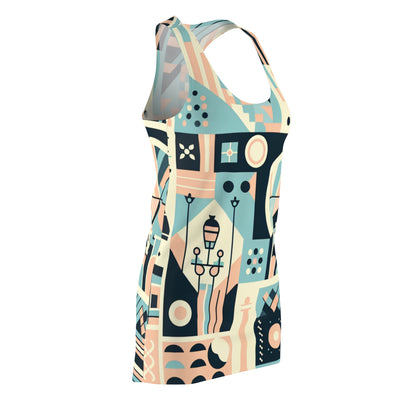 Close-up of the Modern Parisian Pastel Dress with Eiffel Tower Design, displaying the intricate patterns and soft pastel colours.