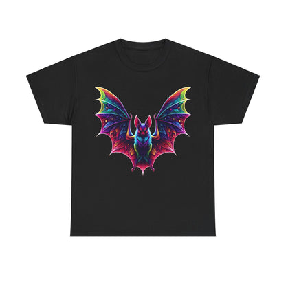 Radiant Evolution Bat Tee showcasing a vividly detailed, stylised bat design on a luxurious black cotton t-shirt, featuring an array of vibrant rainbow colours and intricate patterns that embody artistic elegance and individuality.
