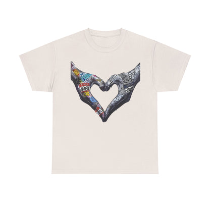 Graffiti Hands Tee – Elegant unisex cotton t-shirt showcasing a striking graphic of graffiti-adorned hands creating a heart shape, ideal for stylish urban fashion enthusiasts.