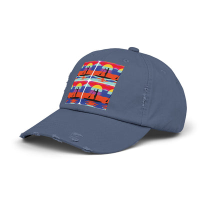 Unisex Distressed Paddleboarders Cap - Stylish Adventure Hat for Water Enthusiasts, featuring a unique paddleboarding theme in a vivid colour palette on a navy blue cap.