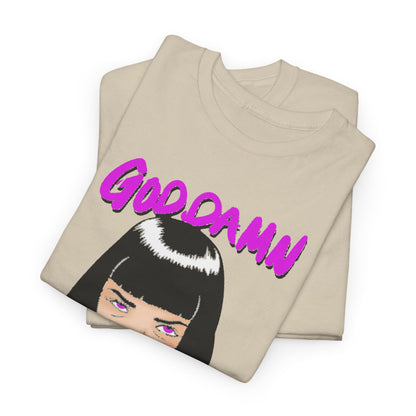 A stacked view of two luxury unisex T-shirts featuring a unique graphic design and the phrase 'GOOD DAMN', crafted for comfort and style, perfect for casual luxury wear.