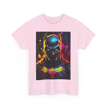 Front view of a pink vibrant Batman Graphitti graphic unisex tee shirt, featuring an artistic depiction of Batman, merging luxury with playful design.