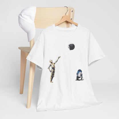 Elegant display of Star Wars T-Shirt showcasing C-3PO's whimsical stance with R2-D2 alongside a playful Death Star balloon.