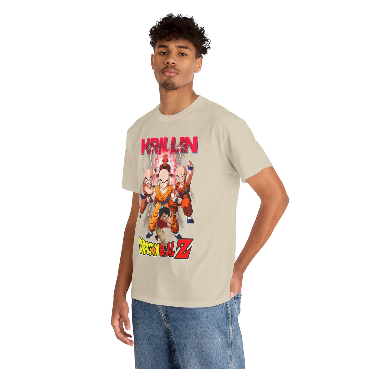 Stylish individual wearing the Krillin & Z Fighters t-shirt, exuding confidence, adorned with a captivating design of Krillin and Z warriors, perfect for expressing anime fandom.