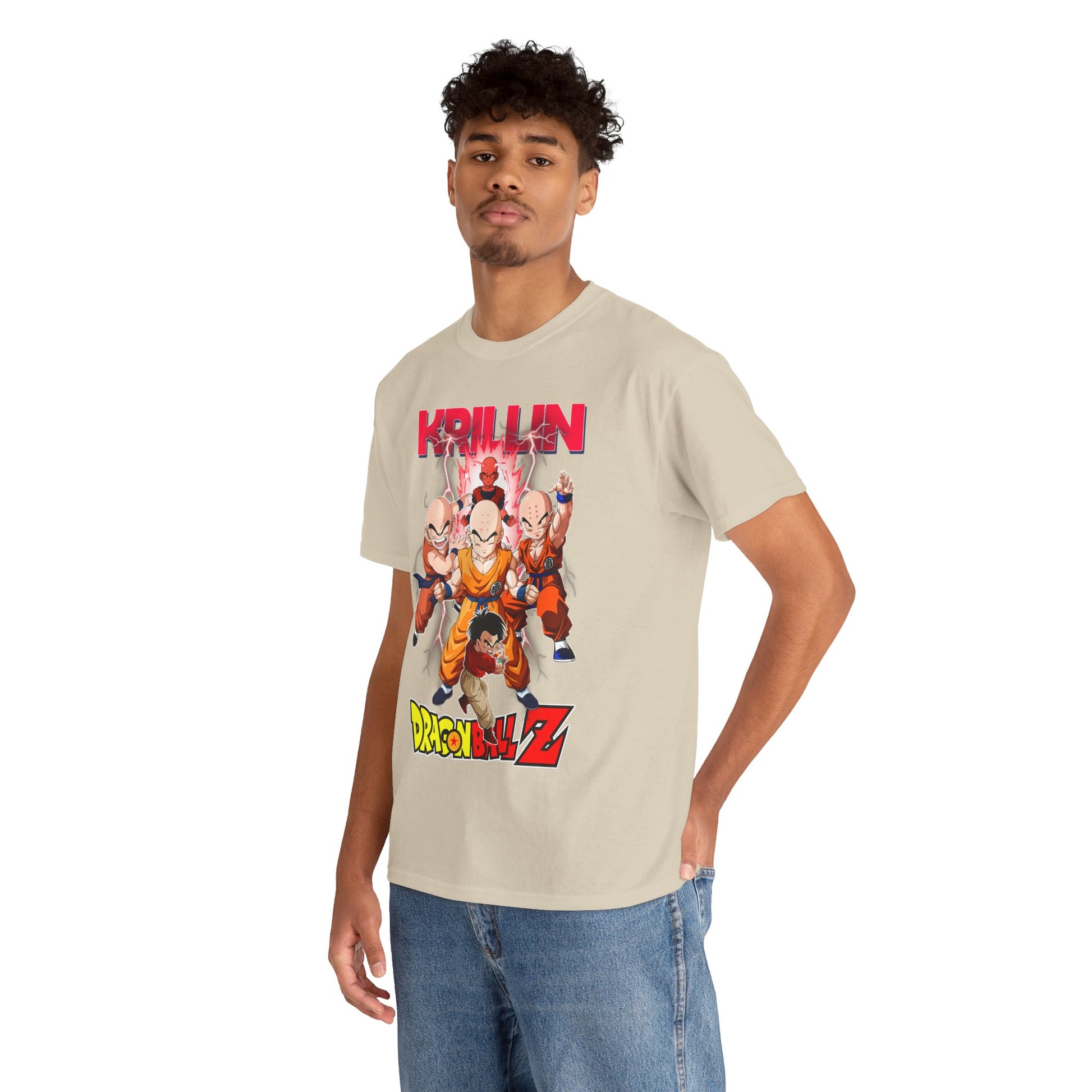 Stylish individual wearing the Krillin & Z Fighters t-shirt, exuding confidence, adorned with a captivating design of Krillin and Z warriors, perfect for expressing anime fandom.