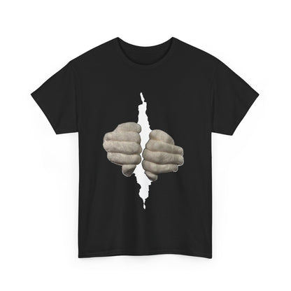 Elevate your style with a luxurious black unisex t-shirt featuring a striking graphic design of two clasped hands emerging from a creative tear—symbolising liberation. Perfect for making a bold fashion statement.