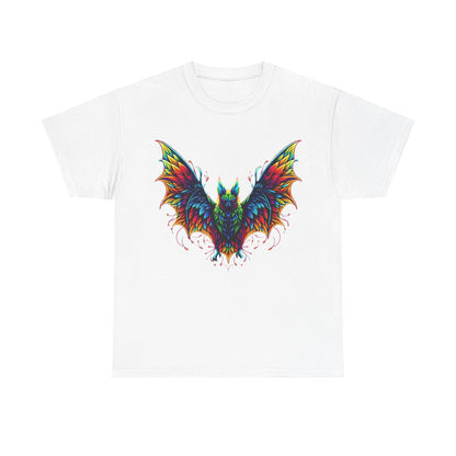 Radiant Evolution Bat Tee - Unisex Cotton Tee displaying a stunning colourful bat graphic in bright rainbow shades set against a white background, ideal for those who cherish artful fashion.