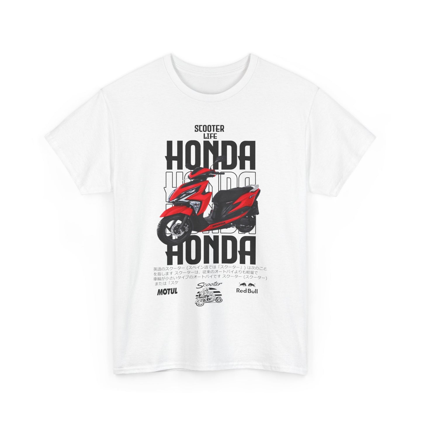 Elegant white men's t-shirt with a striking Honda scooter graphic on the front, displaying 'Scooter Life' and brand logos, perfect for fans of the iconic scooter.