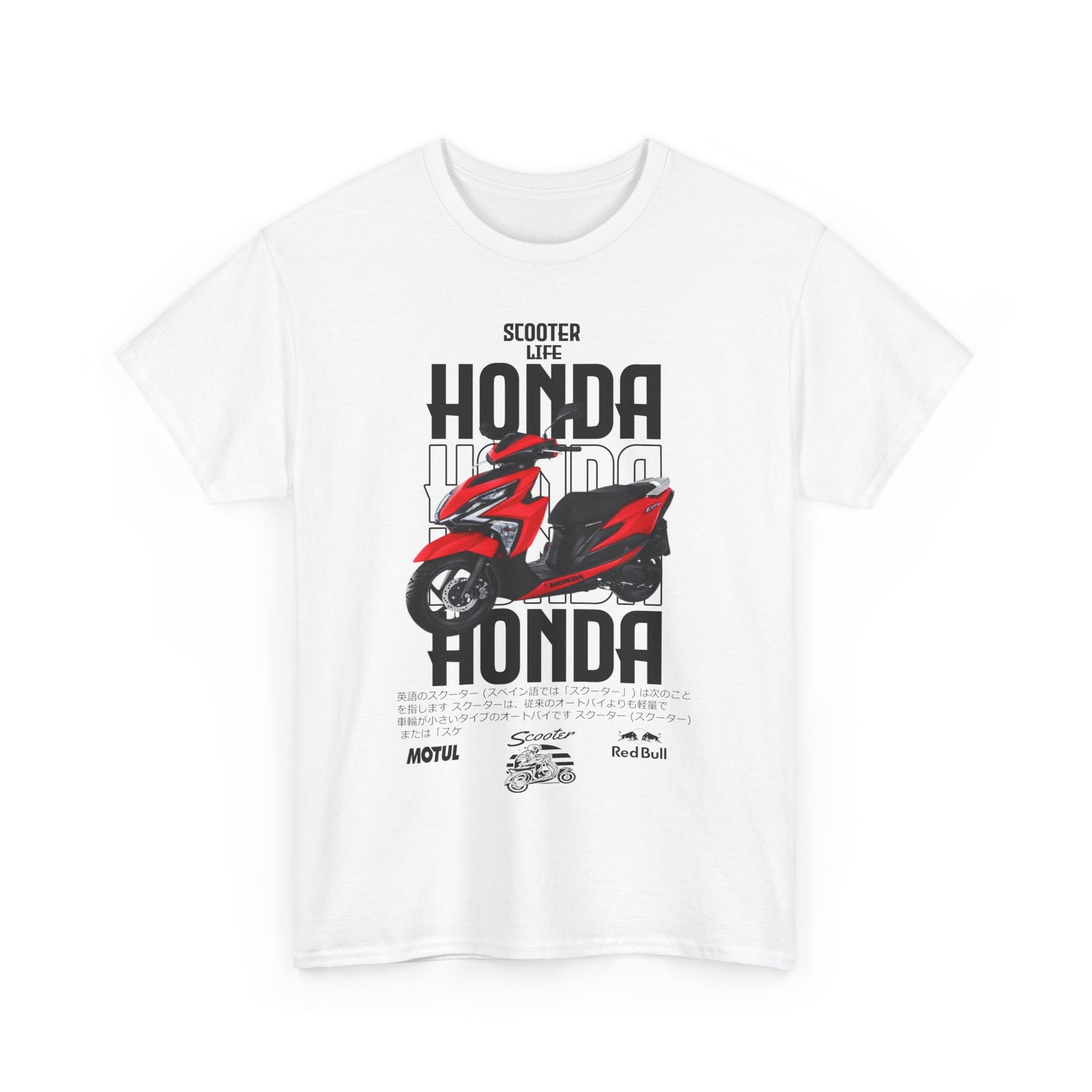 Elegant white men's t-shirt with a striking Honda scooter graphic on the front, displaying 'Scooter Life' and brand logos, perfect for fans of the iconic scooter.