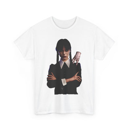The front view of the Wednesday and Thing Graphic Unisex Graphic Tee Shirt featuring an artistic representation of Wednesday Addams and her companion, Thing.