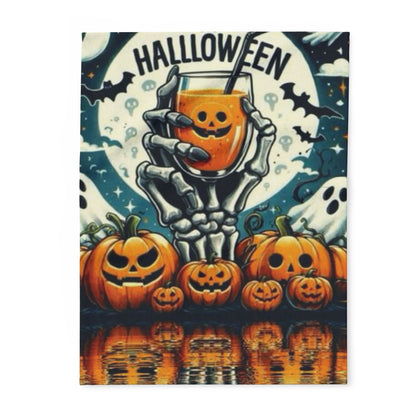Luxurious Decorative and Warm Halloween Spooky Arctic Fleece Blanket featuring a haunting skeleton holding a pumpkin drink, surrounded by eerie jack-o'-lanterns and a mystical moonlit background, perfect for seasonal decor or cozy movie nights.