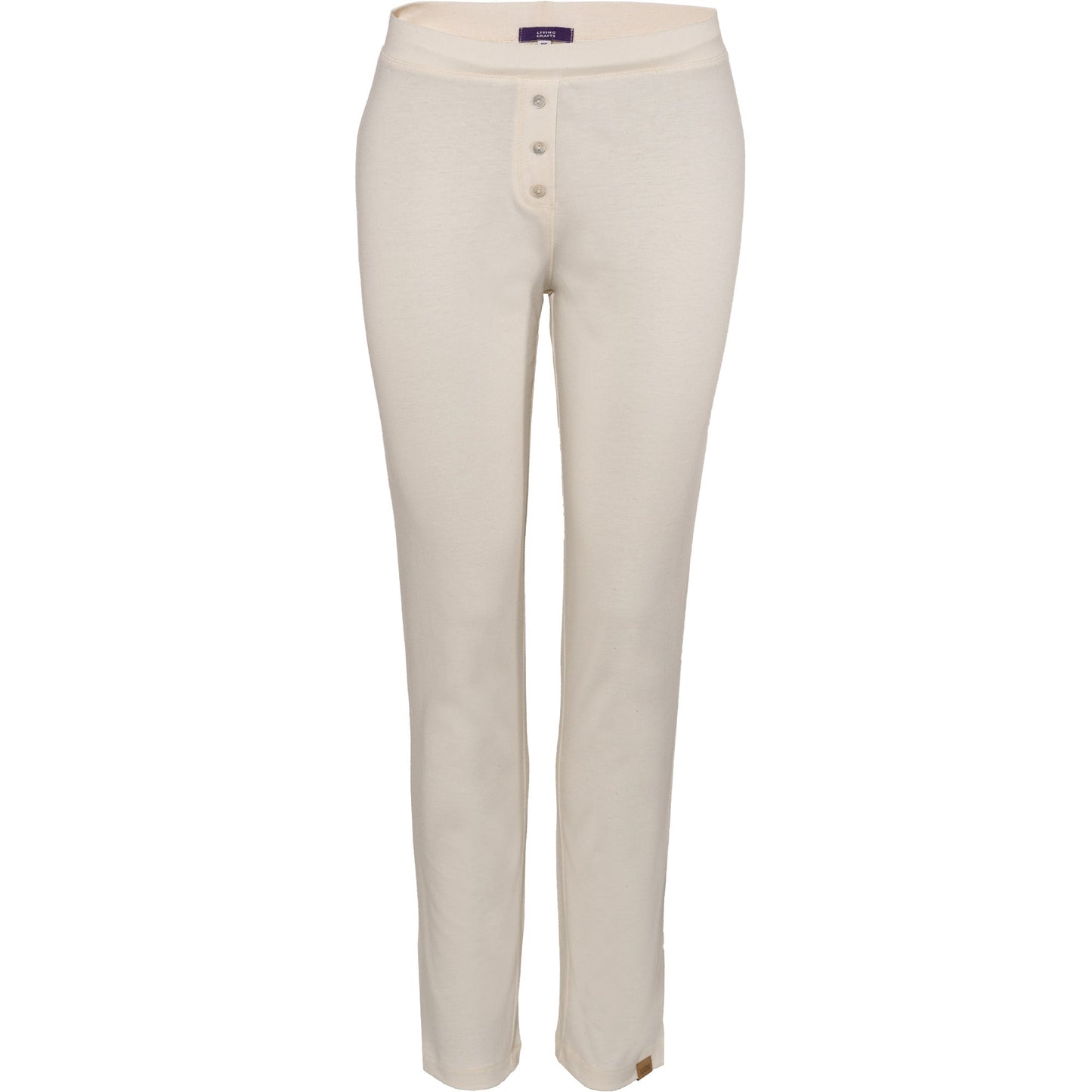 Elegant display of women's organic cotton sleep leggings, featuring decorative mother-of-pearl buttons that enhance the sophisticated look.