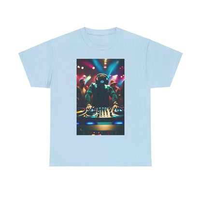 Street Monster Graphic T-Shirt in sky blue featuring a DJ mixing at a vibrant music festival, perfect for urban streetwear enthusiasts.