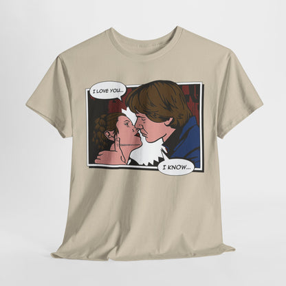 Star Wars I Know Funny Graphic T-Shirt featuring a romantic comic design with characters sharing an iconic kiss, perfect for Valentine's Day and celebrating the epic love story.