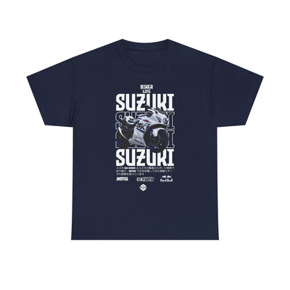 Premium navy Suzuki GSX-R T-shirt showcasing striking 'Suzuki' text and an exhilarating motorcycle design, ideal for style-conscious bikers.