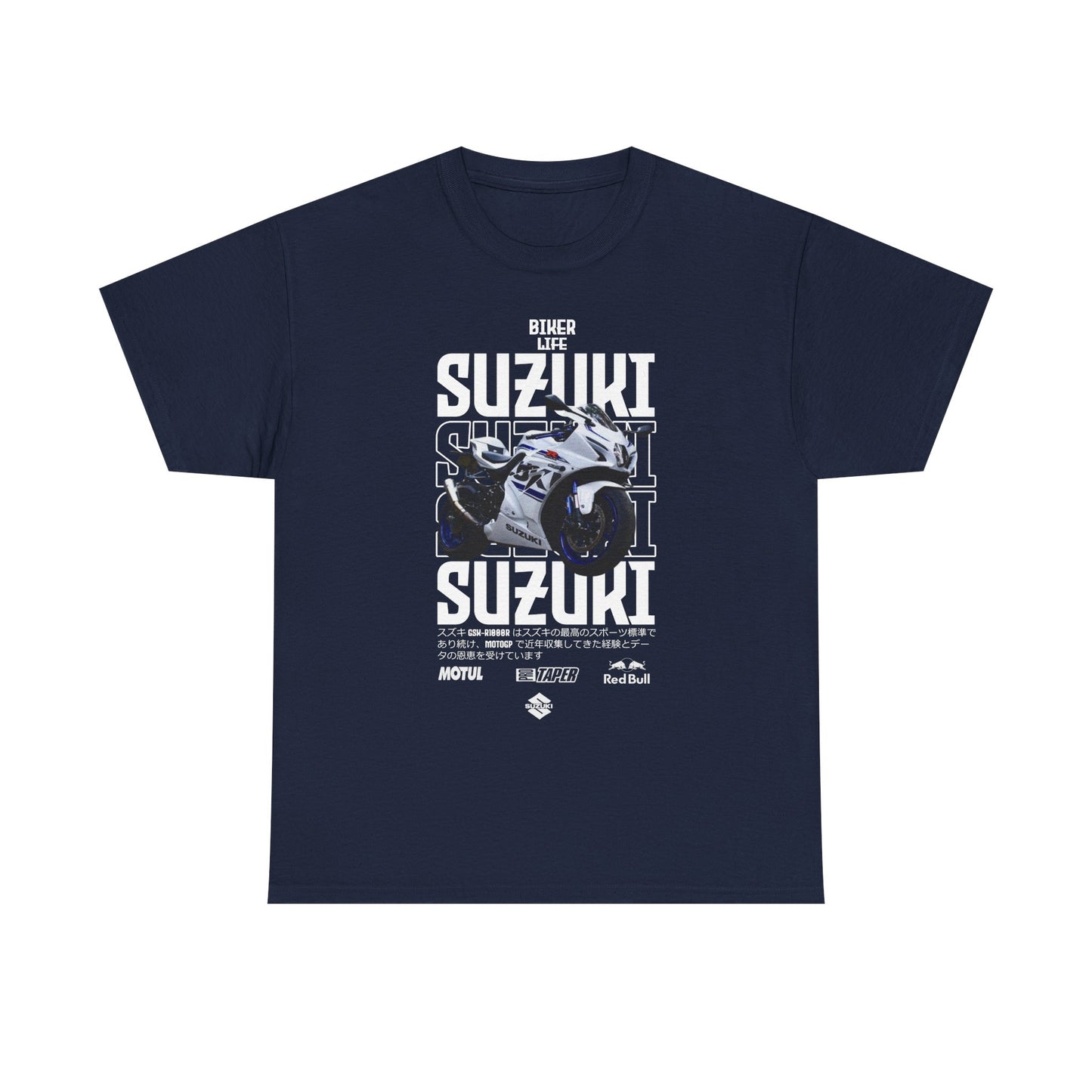 Chic Suzuki GSX-R T-Shirt in navy blue with a premium motorcycle graphic and standout lettering, designed for passionate bikers.