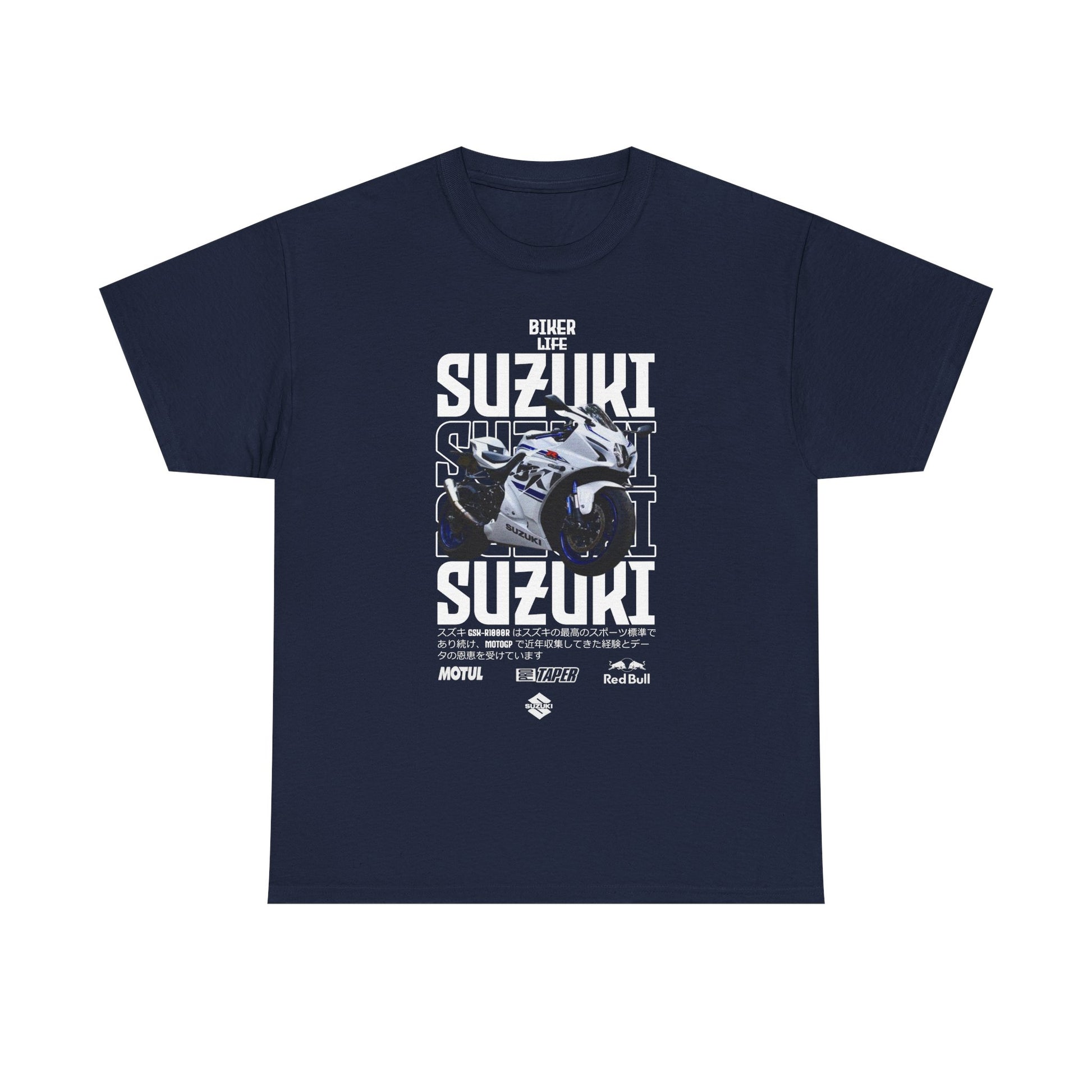 Chic Suzuki GSX-R T-Shirt in navy blue with a premium motorcycle graphic and standout lettering, designed for passionate bikers.