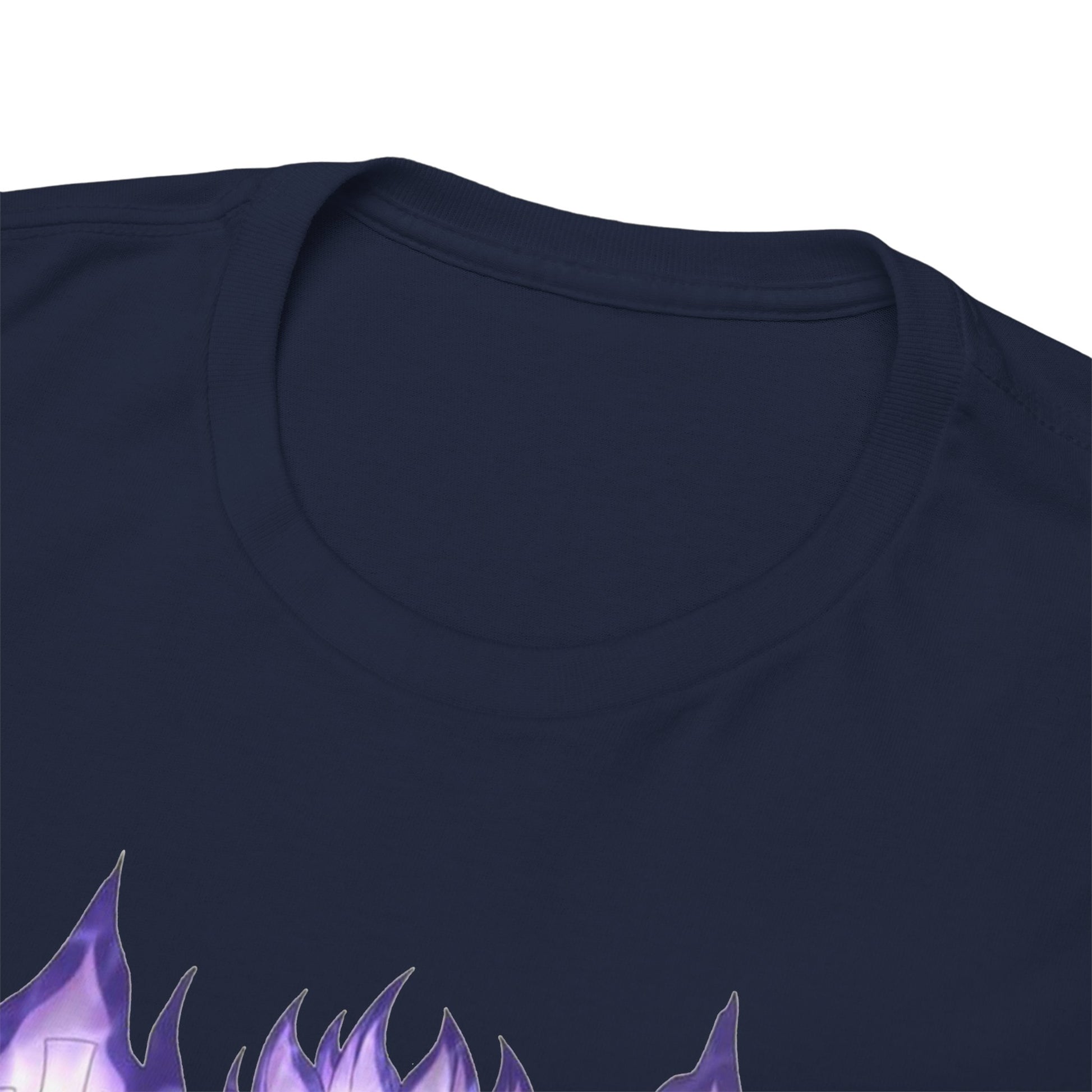 Close-up view of the neckline of the Sasuke Graphic Tee, highlighting its impeccable craftsmanship and soft touch, designed for luxury comfort.