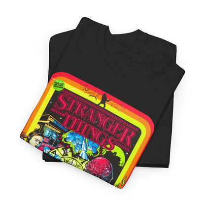 Stacked luxurious 'Stranger Things' graphic t-shirts, capturing the essence of retro aesthetics with vivid artwork and statement design.
