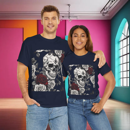 Stylish couple wearing the Skulls and Roses Cotton Tee, Unisex Graphic Shirt in navy, featuring a unique skull and rose design, set against a contemporary colourful interior.