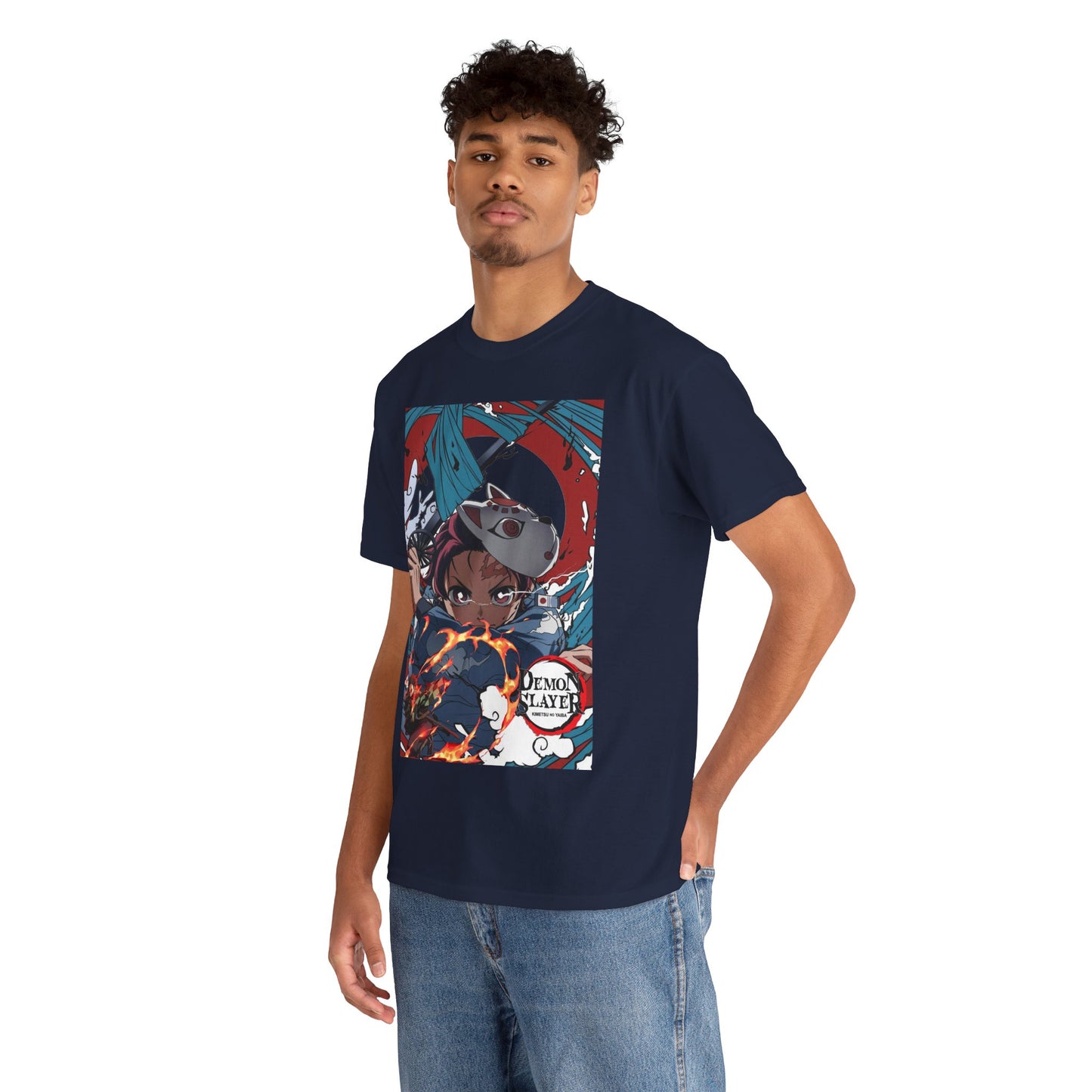 Fashion-forward individual wearing a navy t-shirt adorned with Tanjiro Kamado from Demon Slayer, radiating confidence and modern anime fashion statement.