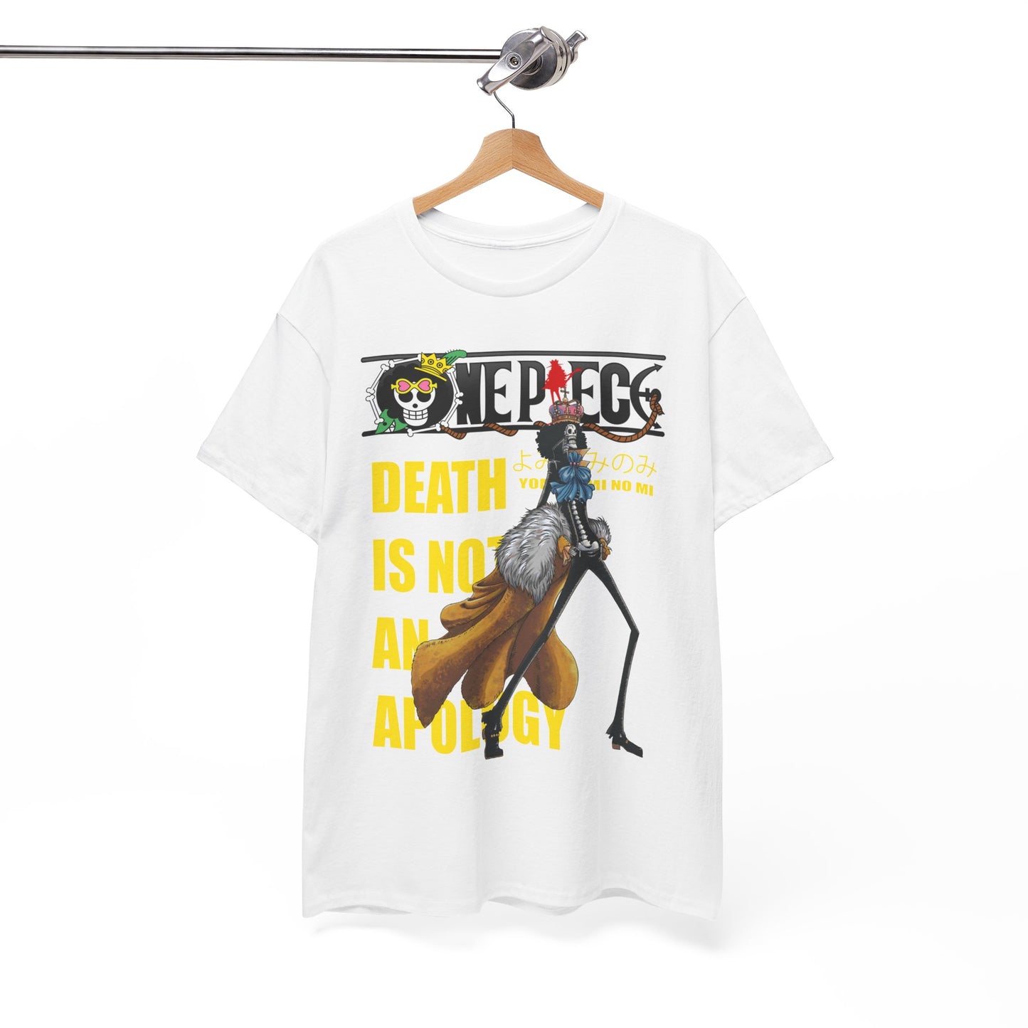 Elegant white t-shirt displaying a dynamic One Piece graphic with a striking character and the phrase 'Death is not an apology', perfect for stylish anime lovers.