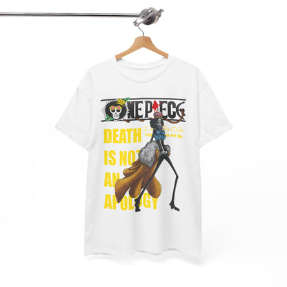 Elegant white t-shirt displaying a dynamic One Piece graphic with a striking character and the phrase 'Death is not an apology', perfect for stylish anime lovers.