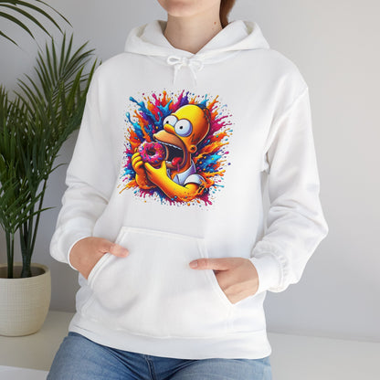 Unisex Urban Homer’s Hungry Delight Graphic Lightweight Hooded Sweatshirt featuring an eye-catching design of Homer Simpson with a donut, set against vibrant splashes of colour, perfect for a luxurious pop culture style.