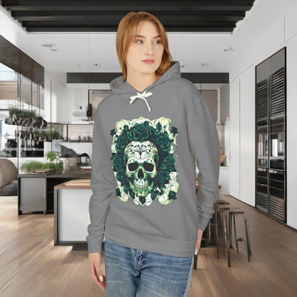 Model wearing a luxury unisex lightweight hooded sweatshirt with a vibrant skull and roses graphic, set in a sophisticated kitchen environment.