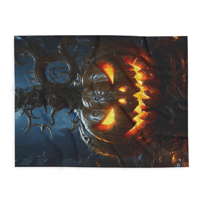 Elegant Decorative and Warm Halloween Spooky Arctic Fleece Blanket displayed flat, showcasing a captivating jack-o'-lantern motif, ideal for creating a festive atmosphere during the Halloween season.