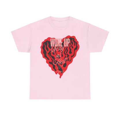 Woke Up Sexy Women's Graphic T-Shirt in Soft Pink featuring a Bold Heart Design - Luxurious Casual Style Tee with vibrant red artwork.