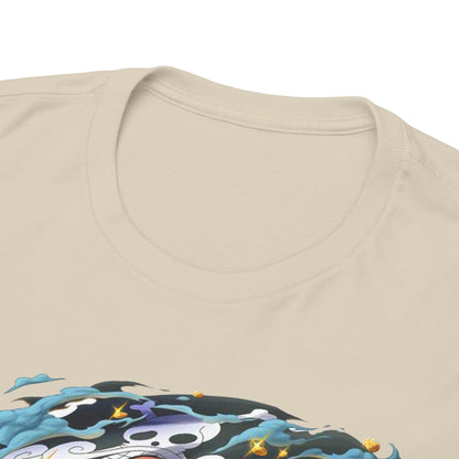 Close-up of the neckline of a luxurious beige T-shirt, highlighting the intricate graphic design of a pirate on a flowing sea, symbolising a vibrant anime culture.