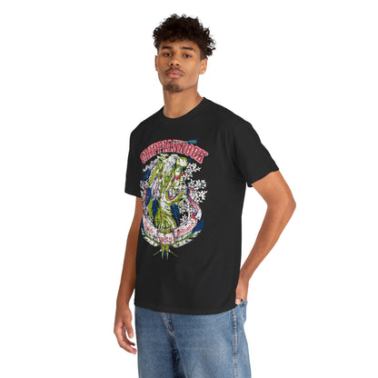 Stylish black graphic t-shirt featuring a captivating Native American design with intricate illustrations and vibrant colours, perfect for showcasing cultural heritage.