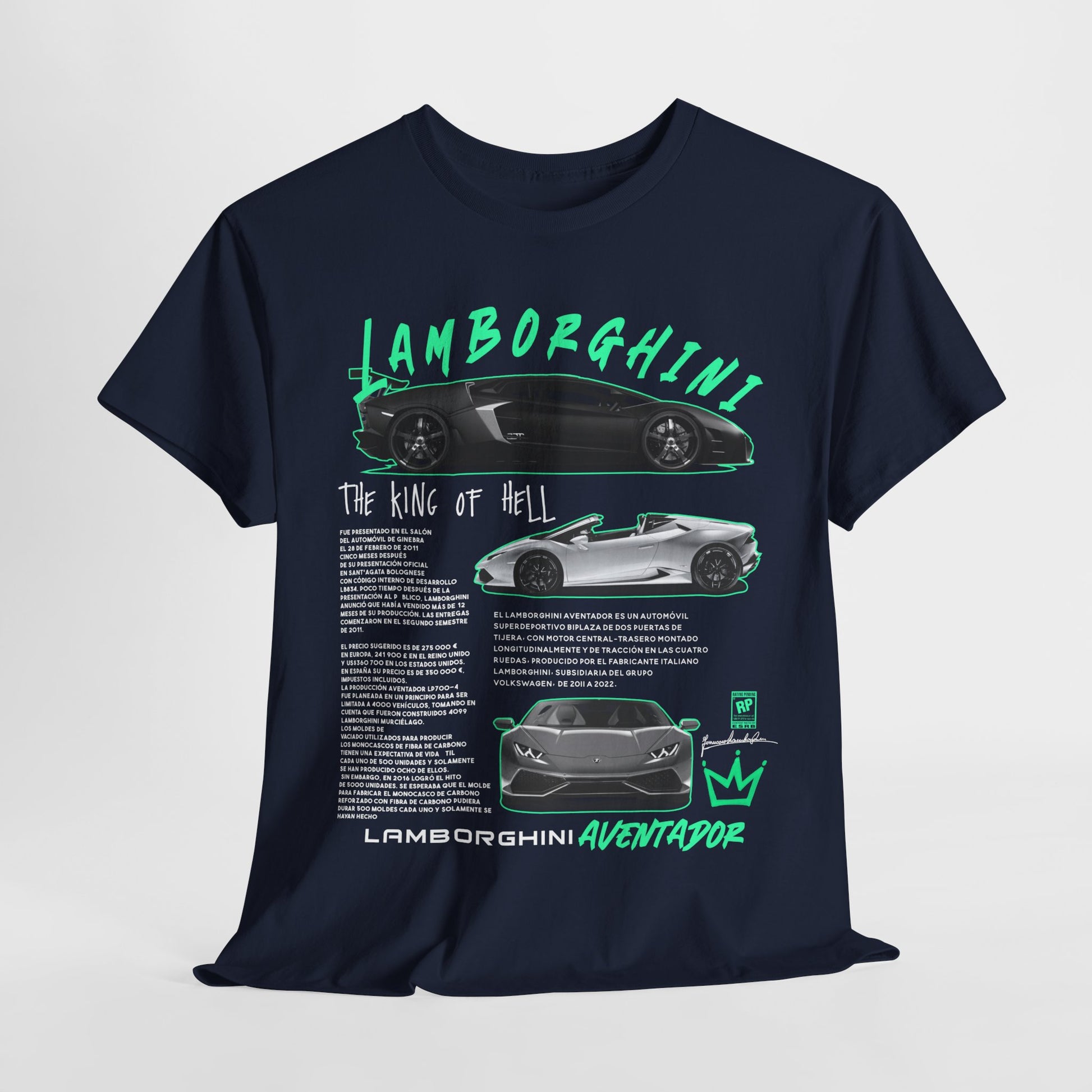 Artistic representation of the Lamborghini Aventador graphic tee, displaying a stylish design with prominent car illustrations and captivating details, perfect for automotive enthusiasts.